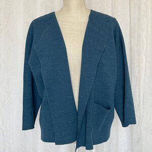 Eileen Fisher Women's Cardigan XL Wool Blue Open Front Boxy 3/4 Sleeve *FLAWS*